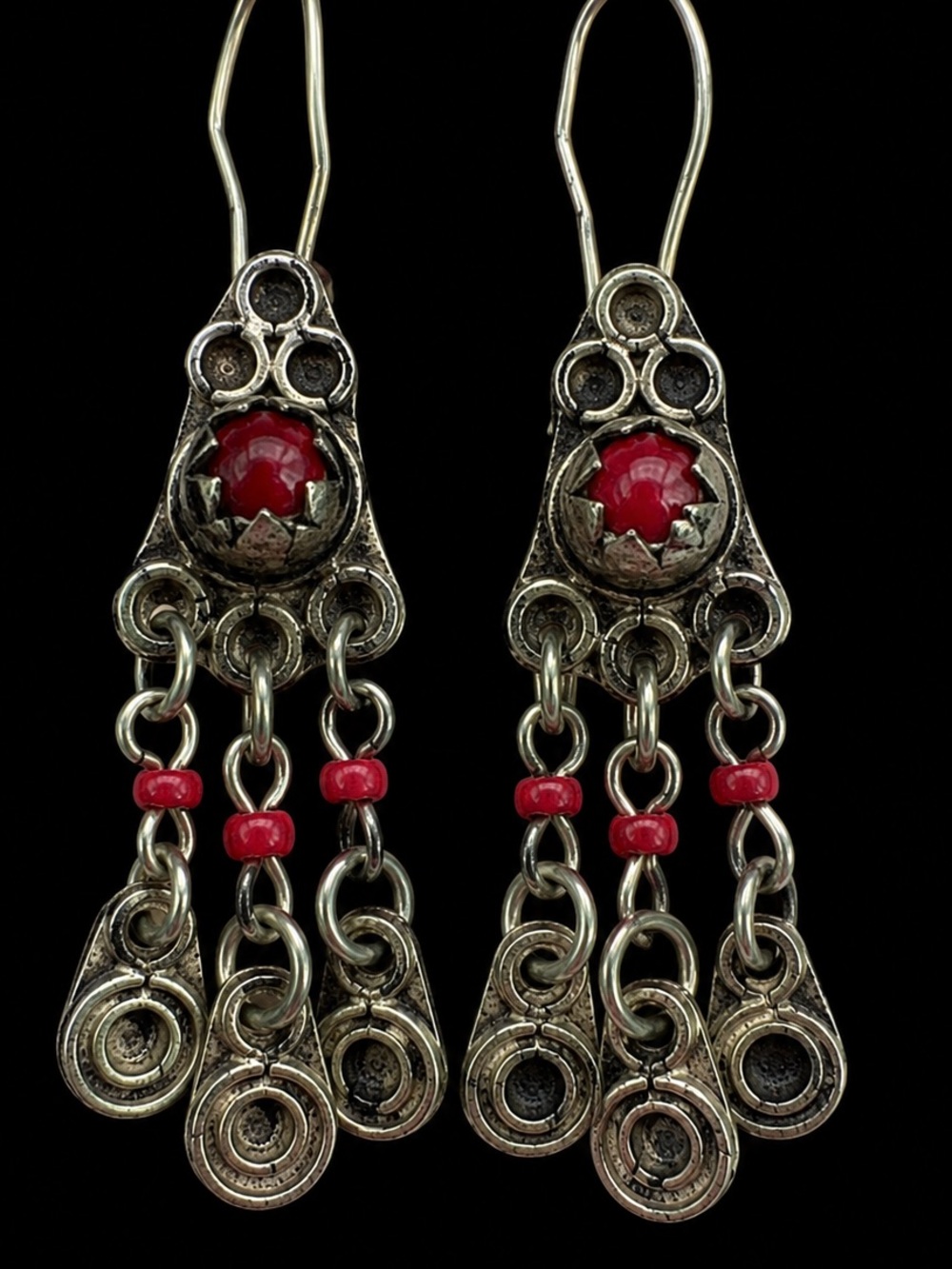 Vintage Moroccan Berber Red Silver Tone Enamel Dangle Earrings Handmade Boho